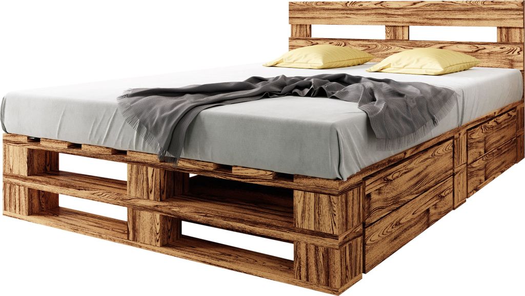 sunnypillow Palettenbett M2 aus Holz 140 x 200 cm mit Kopfteil und 2 Bettkästen. Doppelbett, Familienbett - erhöhtes Ehebett Bettgestell Futonbet...