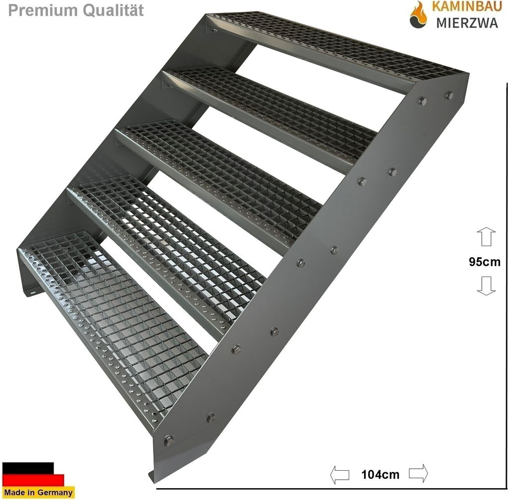 Gitterrost Stahl Wangentreppe 5 Stufen Verzinkt & Silber Pulverlackiert - (L x B x H) 101cm x 140cm x 95cm