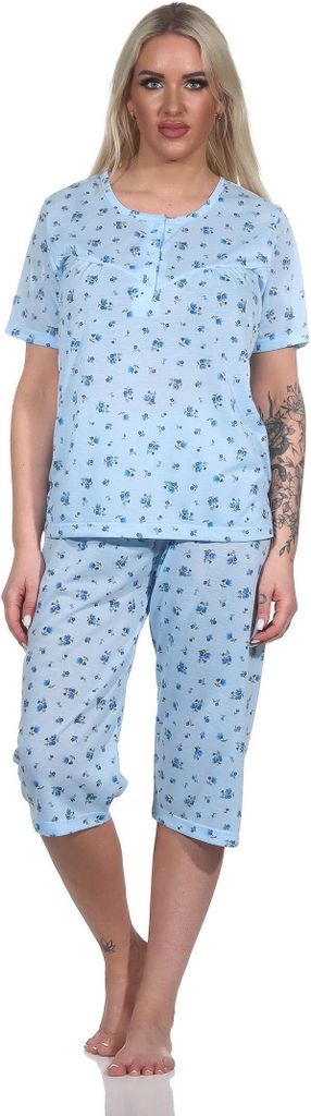 Damen Pyjama 3/4 Hose & Shirt Sommer Schlafanzug; Blau/M/38