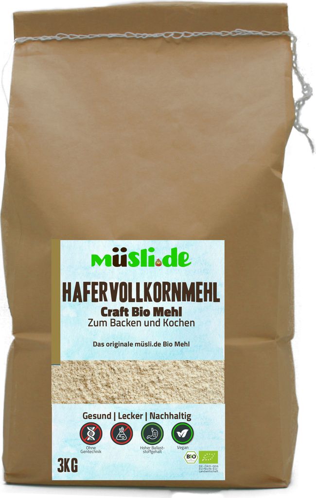 Biologisches Hafervollkornmehl von müsli.de (1x3kg), zum Backen (z.B. Brot, Brötchen, Gebäck und Kuchen) und Kochen geeignet.