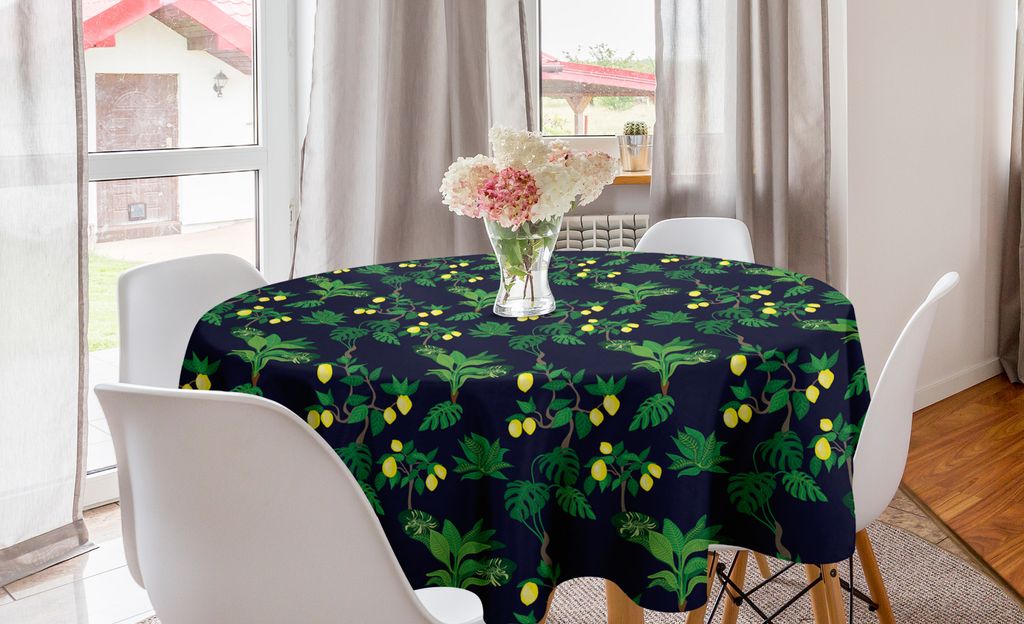 ABAKUHAUS Zitronenbaum Runde Tischdecke, Wald Blühende Kunst, Kreis Tischdecke Abdeckung für Esszimmer Küche Dekoration, 150 cm, Mehrfarbig