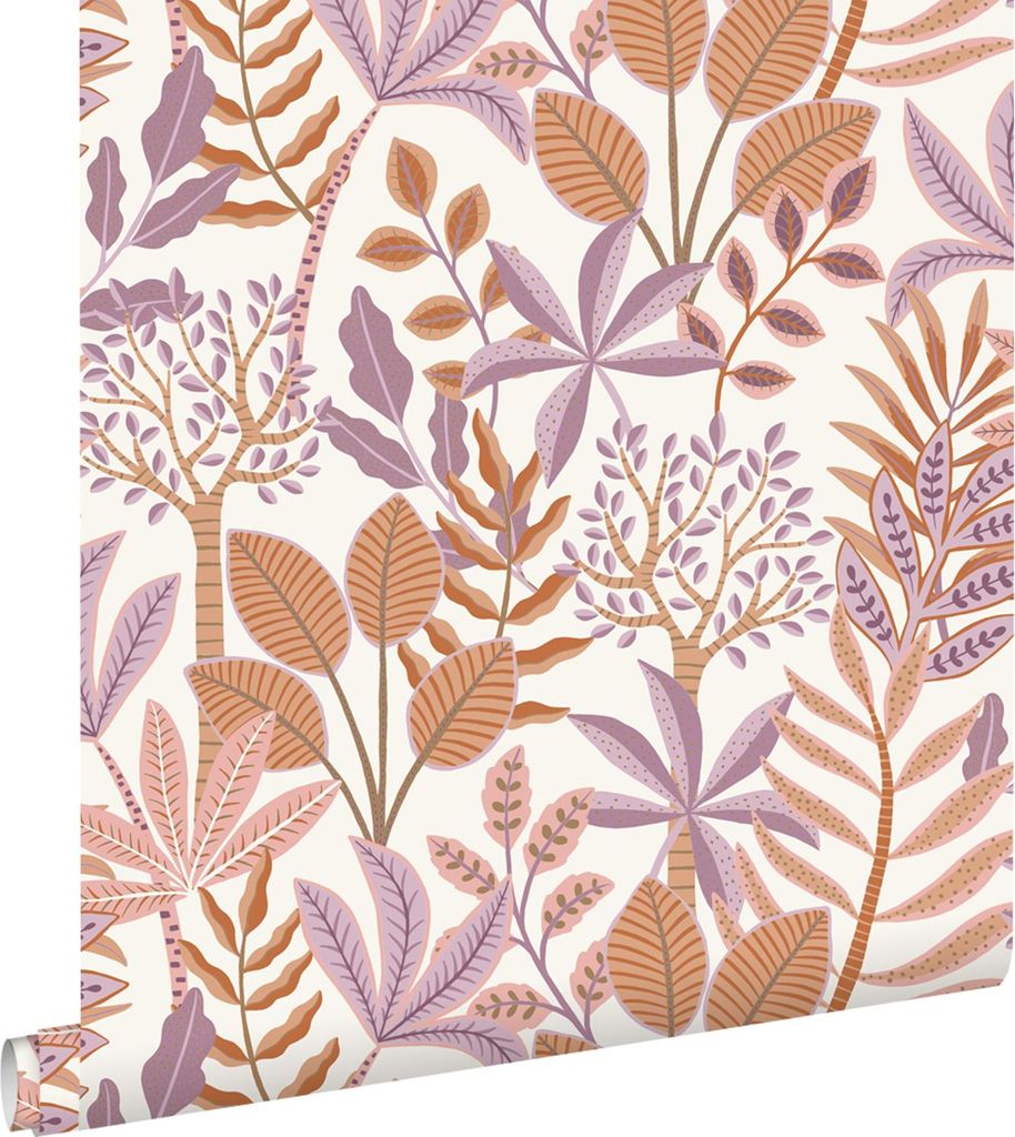 ESTAhome Tapete Blätter Violett und Orange 50 x 900 cm