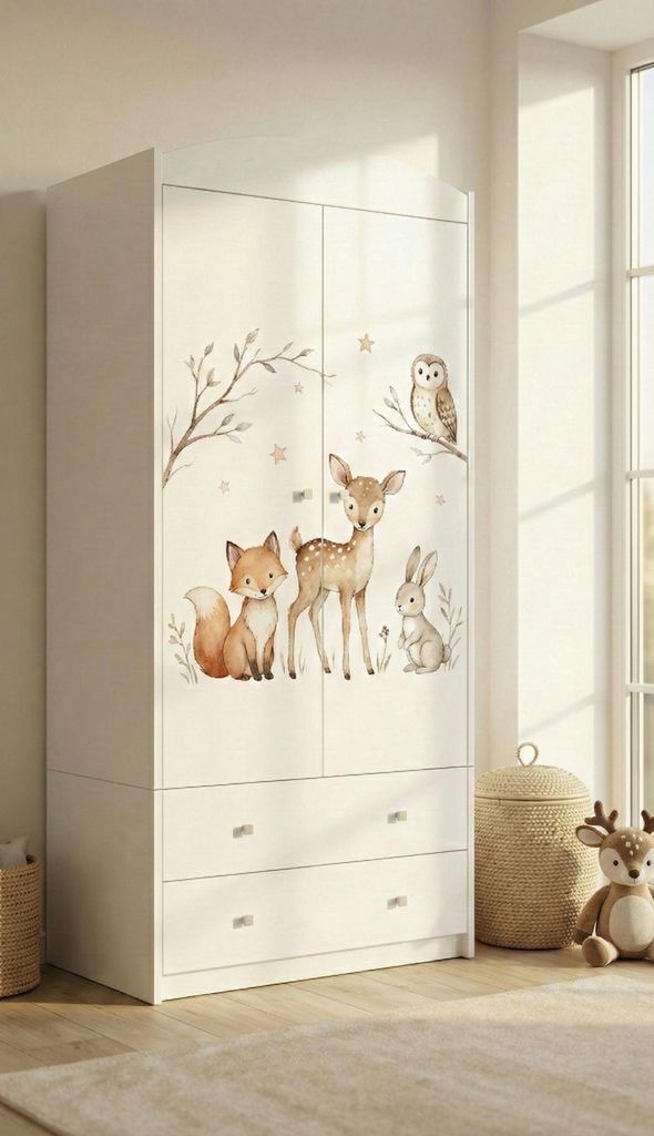 Kinderkleiderschrank mit bezauberndem Motiv – 2-türiger Schrank für Kinderzimmer. 2 Schubladen, Kleiderstange & Einlegeböden, Weiß (88x187x54...