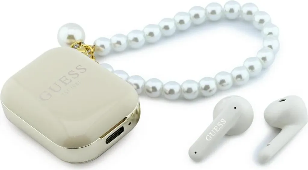 Écouteurs TWS Guess Pearl Strap Beige - Bluetooth 5.3 avec Dragonne Perles
