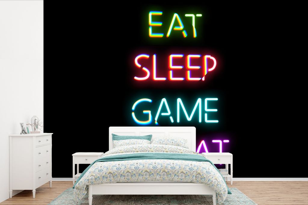 MuchoWow Fototapete für Wohnzimmer oder Schlafzimmer Wandtapete Vinyl Motivtapete Gaming - Led - Zitat - Eat sleep game repeat - Gaming - 390x26...