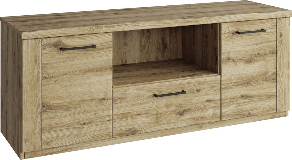 A wooden TV stand with doors and a drawer.