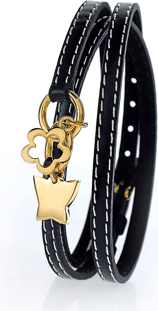 Damen Charms-Lederarmband Schwarz dreifach gewickelt - Schmetterling und Blume aus Edelstahl Gold beschichtet SB 9362B.G- Länge