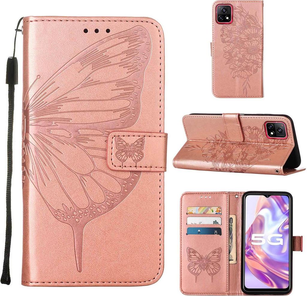 VIVO Y31S 5G Hülle, Schmetterling Prägung Flip Leder Kartenfächer Schutzhülle Ledertasche mit Ständer für VIVO Y31S 5G Roségold