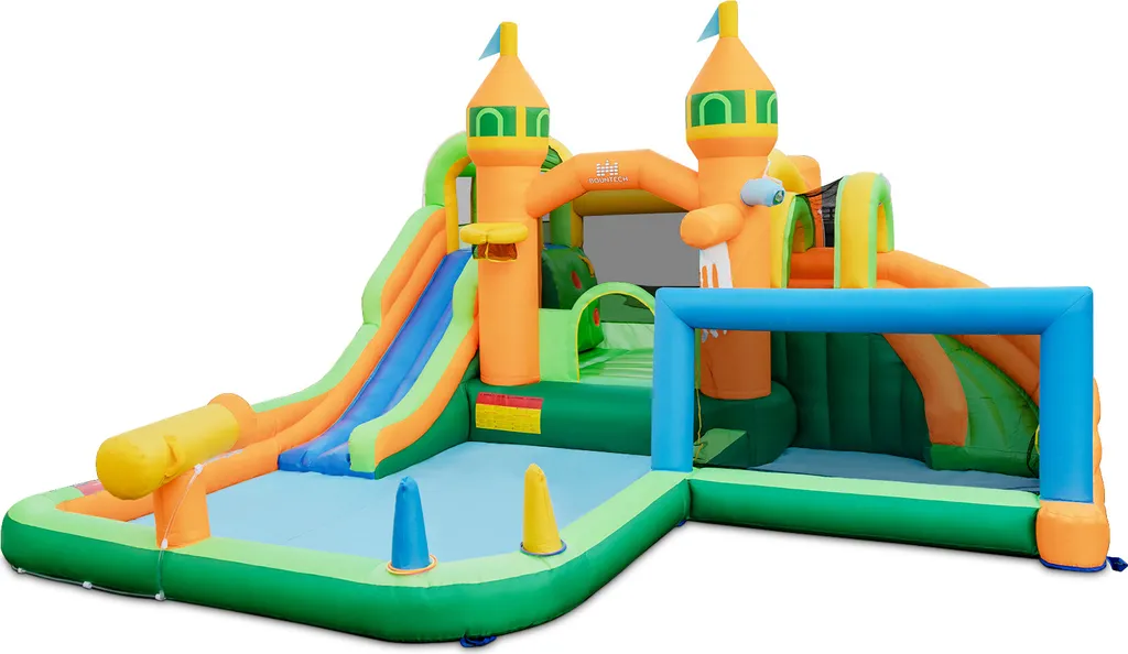 Aire de jeux gonflable pour jardin avec toboggan et activités sportives