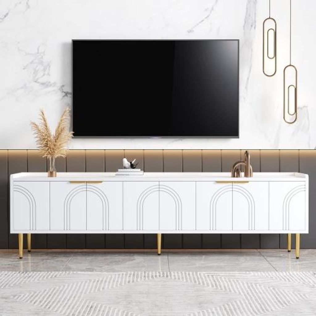 Weiss TV Schrank Lowboard 170x35x47cm Strukturierte Goldene Griffe Goldene Fuesse Moebel Standschrank Tisch Staender Fernsehschrank Beistelltisch