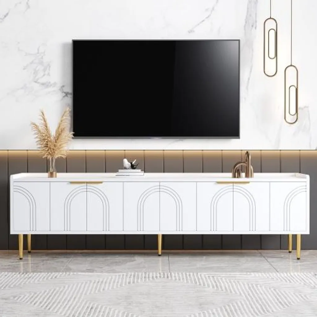 Meuble TV Design 170 cm Blanc et Or avec Gestion des Câbles Intégrée