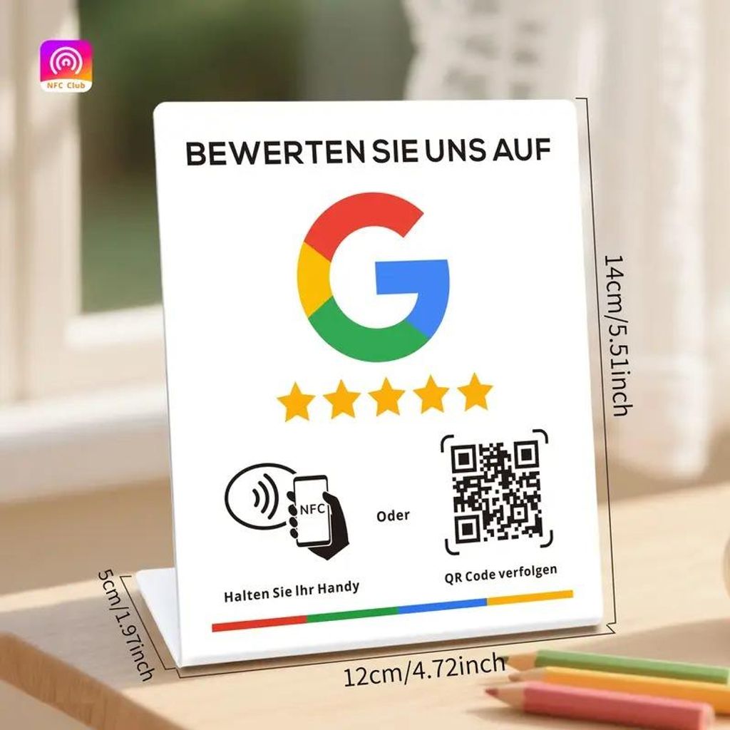 4xNFC & QR Displayständer mit deutschem Text – Social Media & Google Bewertung – Kundenfeedback & Linkweiterleitung – Tresenaufsteller für ...
