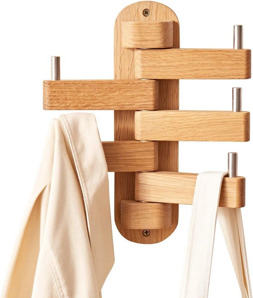 Eichen‐Wandgarderobe, Kleiderhaken aus Holz, 5 Haken, Garderobenhaken für Mäntel, Jacken, Schals, Handtaschen, Kleiderleiste, Hakenleiste aus H...