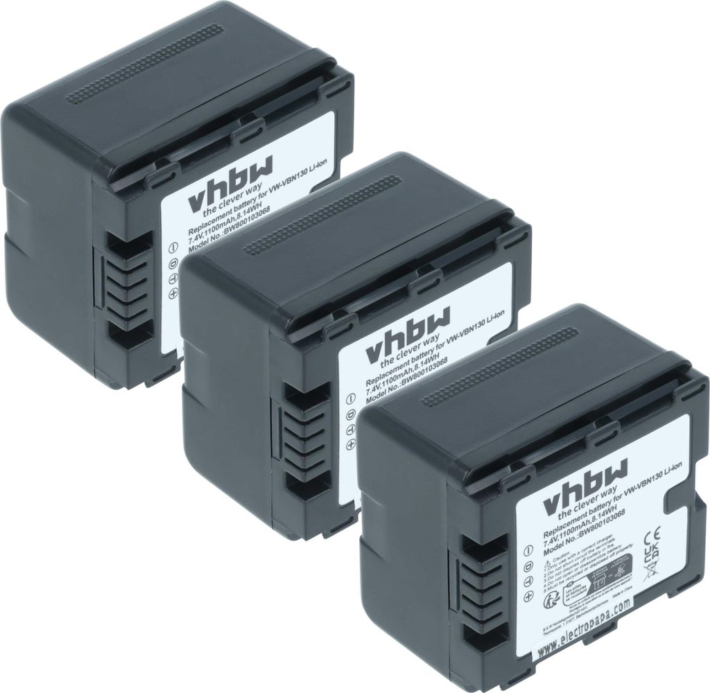 vhbw 3x Akku kompatibel mit Panasonic HDC-SD900, HDC-SD909, HDC-HS900, HDC-SD800, HDC-TM900 Videokamera Camcorder (1100 mAh, 7,2 V, Li-Ion) + Infochip