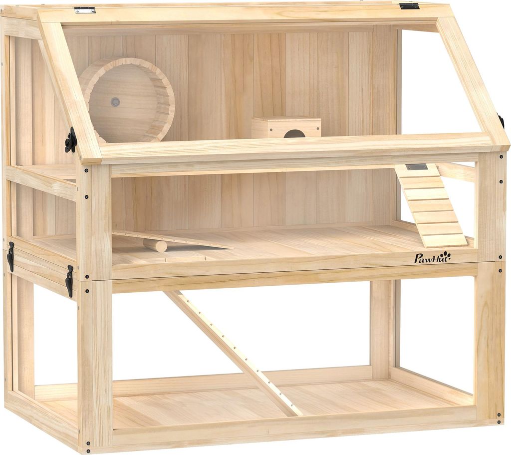 Hamsterkäfig aus Holz 3 Etagen Nagarium Nagerkäfig mit klappbarem Deckel Laufrad 80 x 50 x 76 cm Naturholz