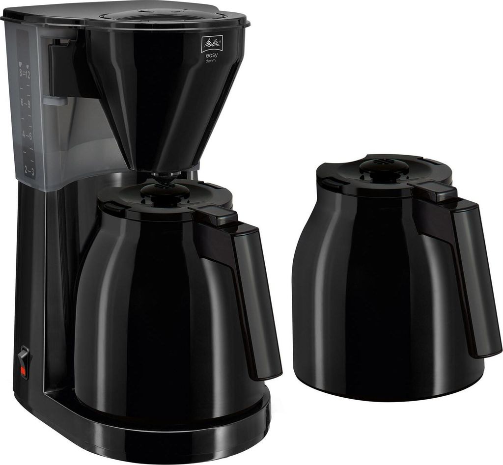 A black Melitta coffee maker with a thermal carafe and an extra carafe.