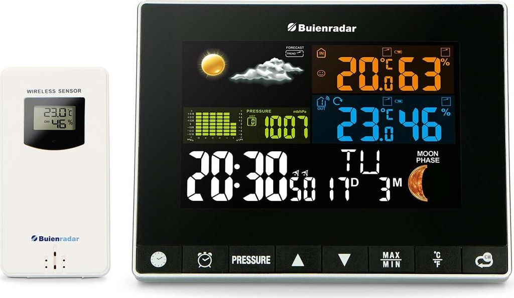 Buienradar BR700 - 3 in 1 Wetterstation mit kabellosem Außensensor, schwarz