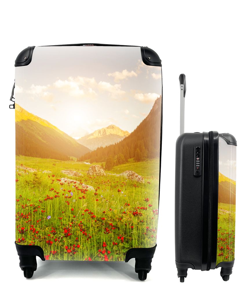MuchoWow Koffer Handgepäck Trolley Rollkoffer Kleine Reisekoffer mit 4 Rollen - Blumen - Berg - Sonne - Cabin Size < 55x40x23 cm & 55x40x20 cm -...