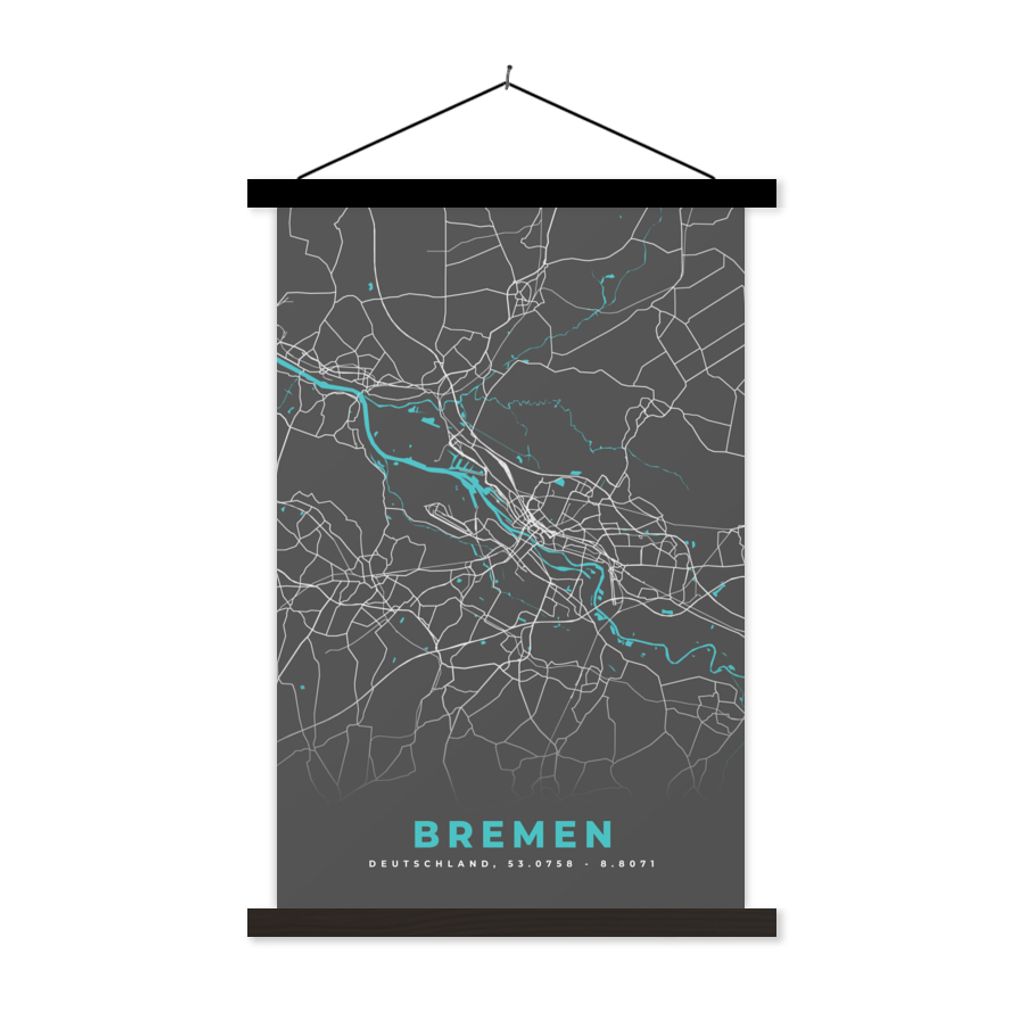 MuchoWow Textilposter Deutschland - Blau - Bremen - Stadtplan - Karte 120x180 cm mit schwarzem Rahmen - Fotos
