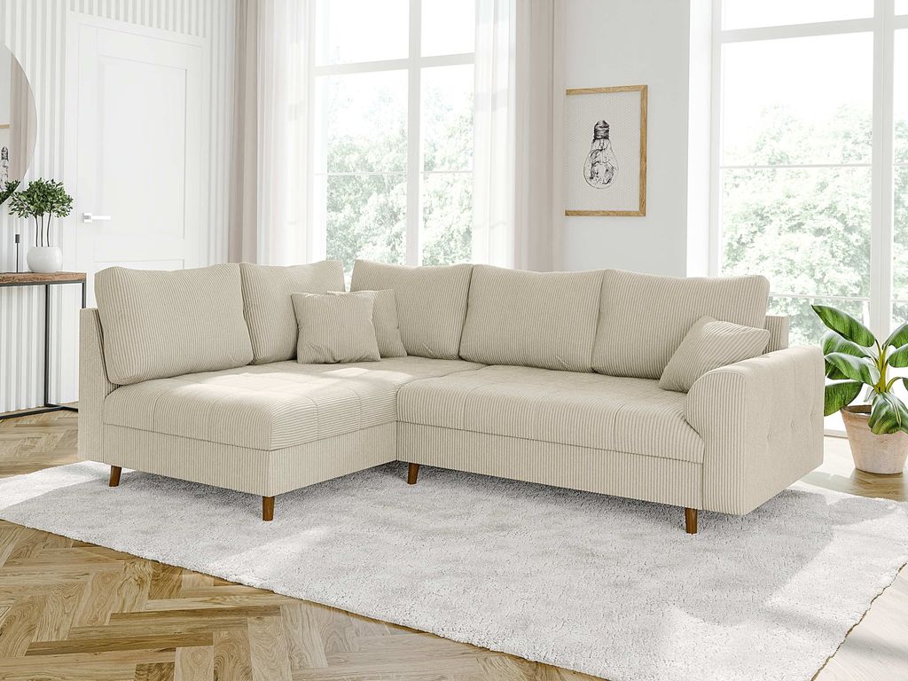S-STYLE MÖBEL - Kai - Ecksofa mit Braun Holzfüßen im skandinavischen Stil aus Beige Cord-Stoff, Ottomane Links