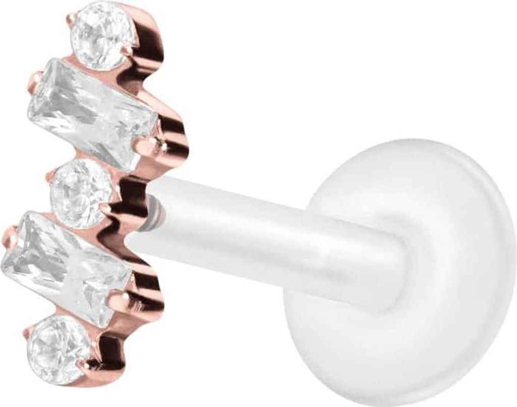 Ohrpiercing, Nasenpiercing PTFE Labret mit Innengewinde + Titan-Aufsatz EINGEFASSTE KRISTALLE RoséGold Stablänge: 9mm | Stabstärke: 1,2mm