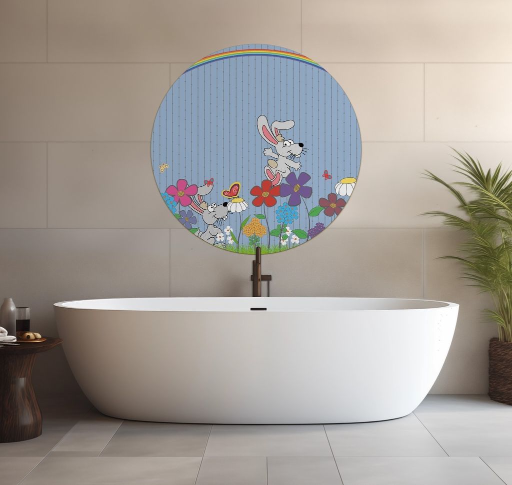 Wallario wasserfestes Poster selbstklebend 90 x 90 cm, Süße Hasen unter einem Regenbogen, Badezimmerposter Spritzschutz mit Hochglanzoberfläche ...