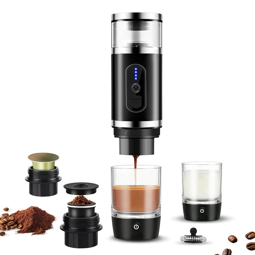 Tragbare Espressomaschine mit Akku, für unterwegs oder Camping, 3 in 1 Mini Kaffeemaschine für gemahlenen kaffee und kapseln Milchaufschäumer,USB-C