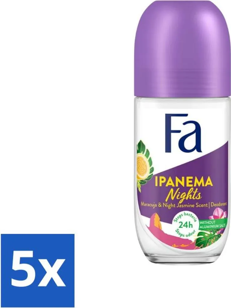 Fa - Deodorante Roller - Ipanema Nights - Passion Fruit & Night Jasmine - Protezione 24 ore - 50 ml - confezione risparmio - 5 pezzi