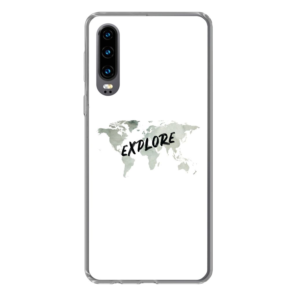 MuchoWow Handyhülle Schutzhülle Hülle für Huawei P30 Weltkarte - Grau - Zitat Silikon Softcase Handy Hülle - Kartenbesitzer