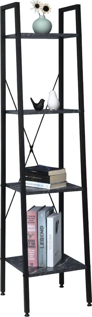 Étagère de rangement 4 niveaux noir et marbre - Présentoir à livres