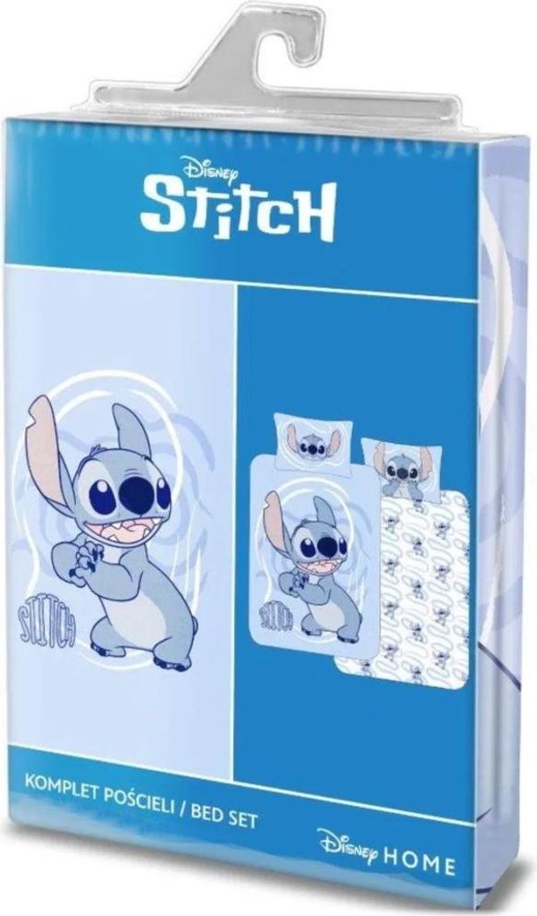 The image shows the packaging of a Lilo & Stitch themed bed set.