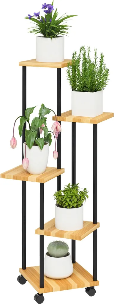 Étagère Plante Intérieur Extérieur 5 Étages Porte Plante Mobile en Bois