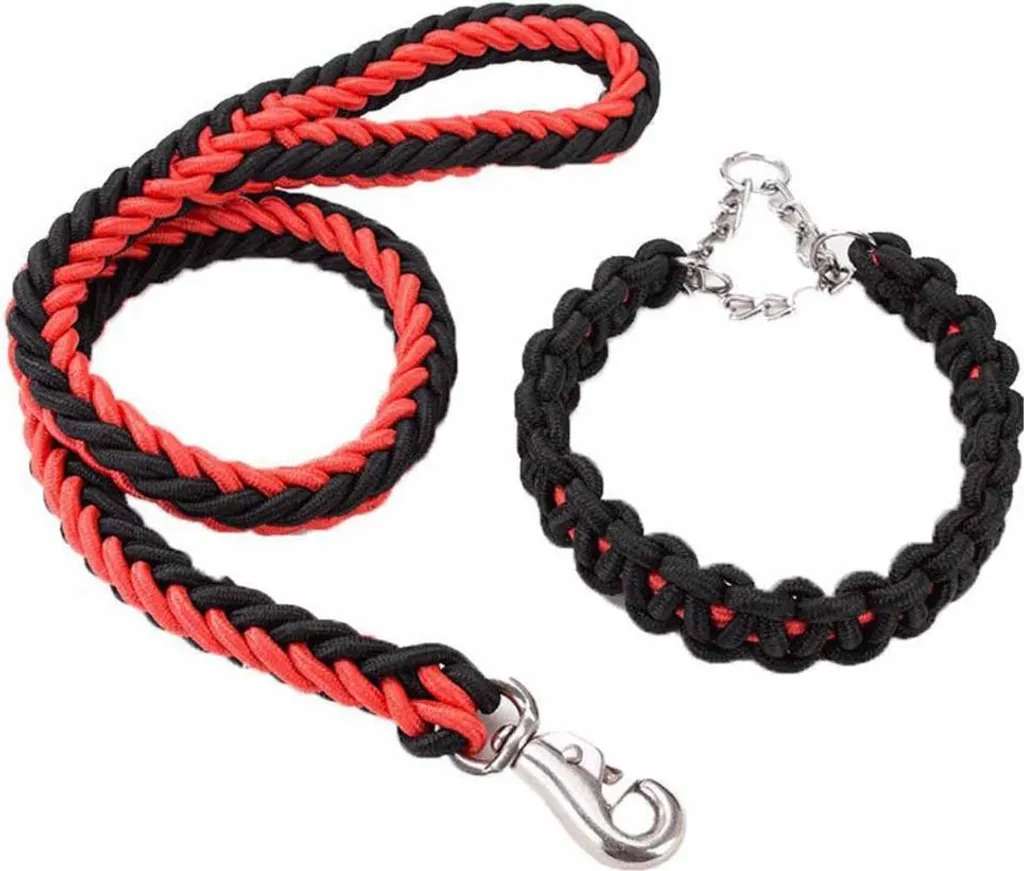 INF Guinzaglio Intrecciato Resistente per Cani Grandi con Collare Nero Rosso L