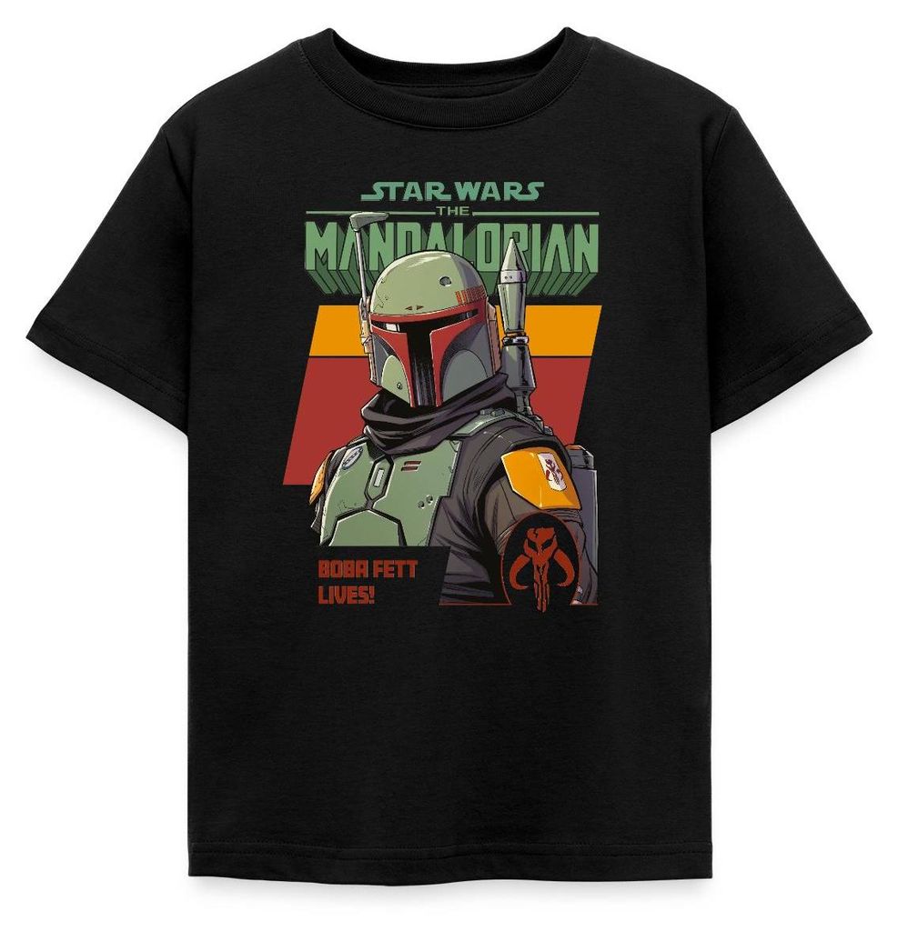 Star Wars: Mandalorian Boba Fett Lives Motiv Kinder T-Shirt, 98/104 (3-4 Jahre), Schwarz