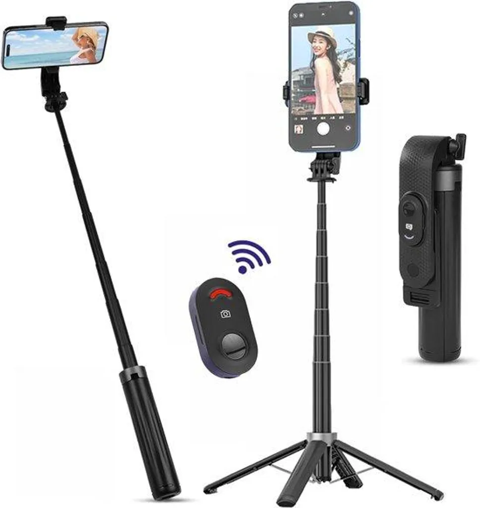 Perche à selfie trépied pour voyage et vlog - Extension 100 cm Noir