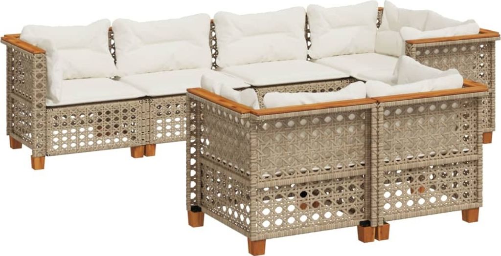 7-tlg. Garten-Sofagarnitur mit Kissen Beige Poly Rattan