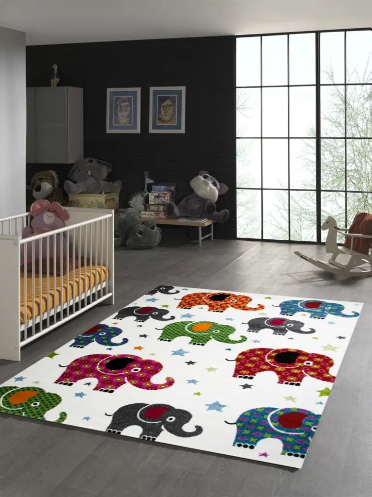 Grand tapis de chambre d'enfant multicolore Éléphants 200x290 cm design
