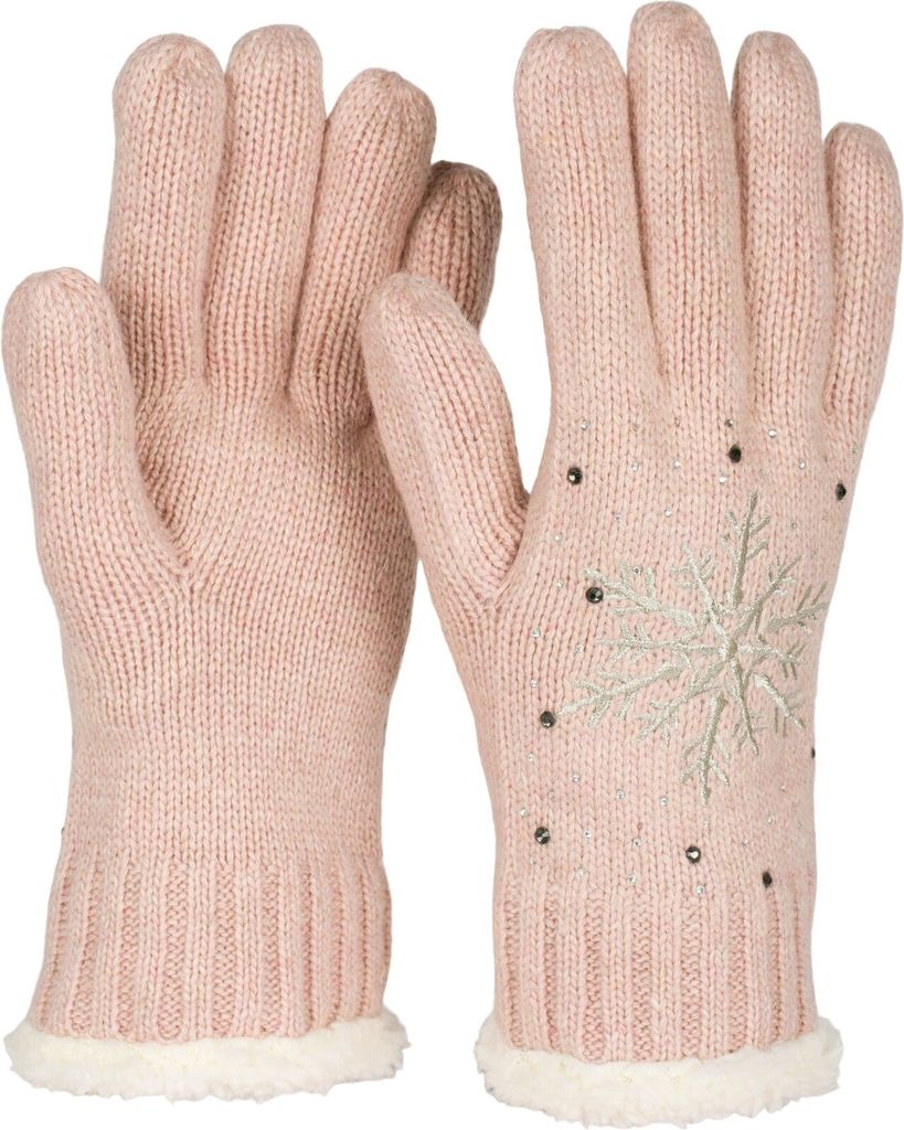 styleBREAKER Damen Handschuhe mit gestickter Schneeflocke, Strass und Fleece, warme Thermo Winter Strickhandschuhe 09010020