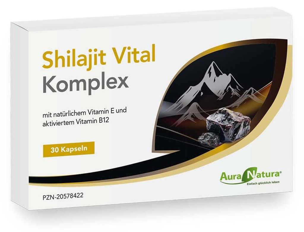 Aura Natura Shilajit Vital Komplex Kapseln mit Vitamin und Produktbild 