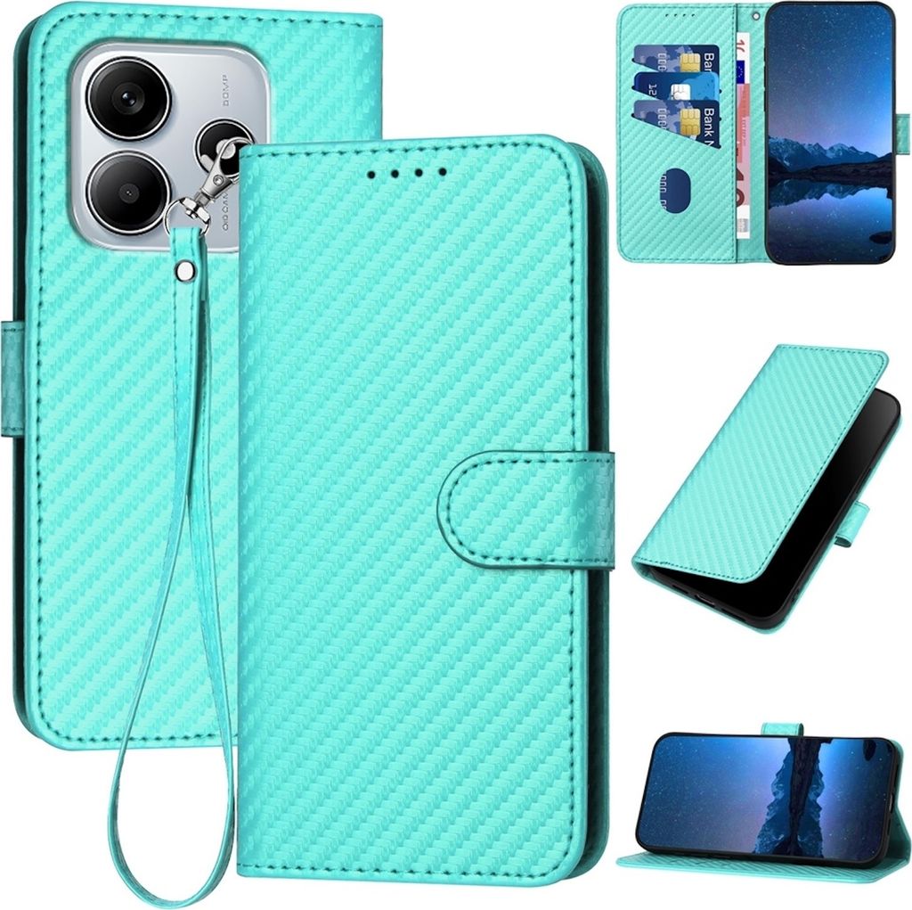 Für Xiaomi Redmi Note 14 5G Carbon Fiber Design Kunstleder Hülle Tasche mit Lanyard Türkis