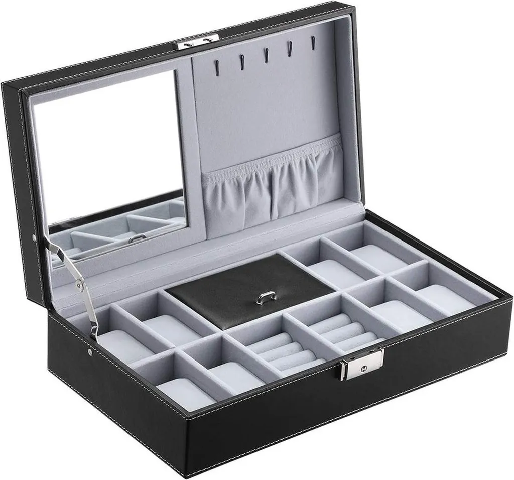 Coffret pour 8 montres avec miroir intégré en similicuir noir élégant