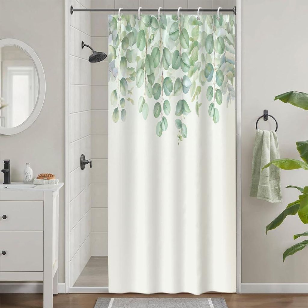Grüner Duschvorhang, schmaler Duschvorhang 90 x 180 cm, mit Eukalyptusblättern, schimmelresistent, wasserdicht, waschbares Polyestergewebe, Badez...