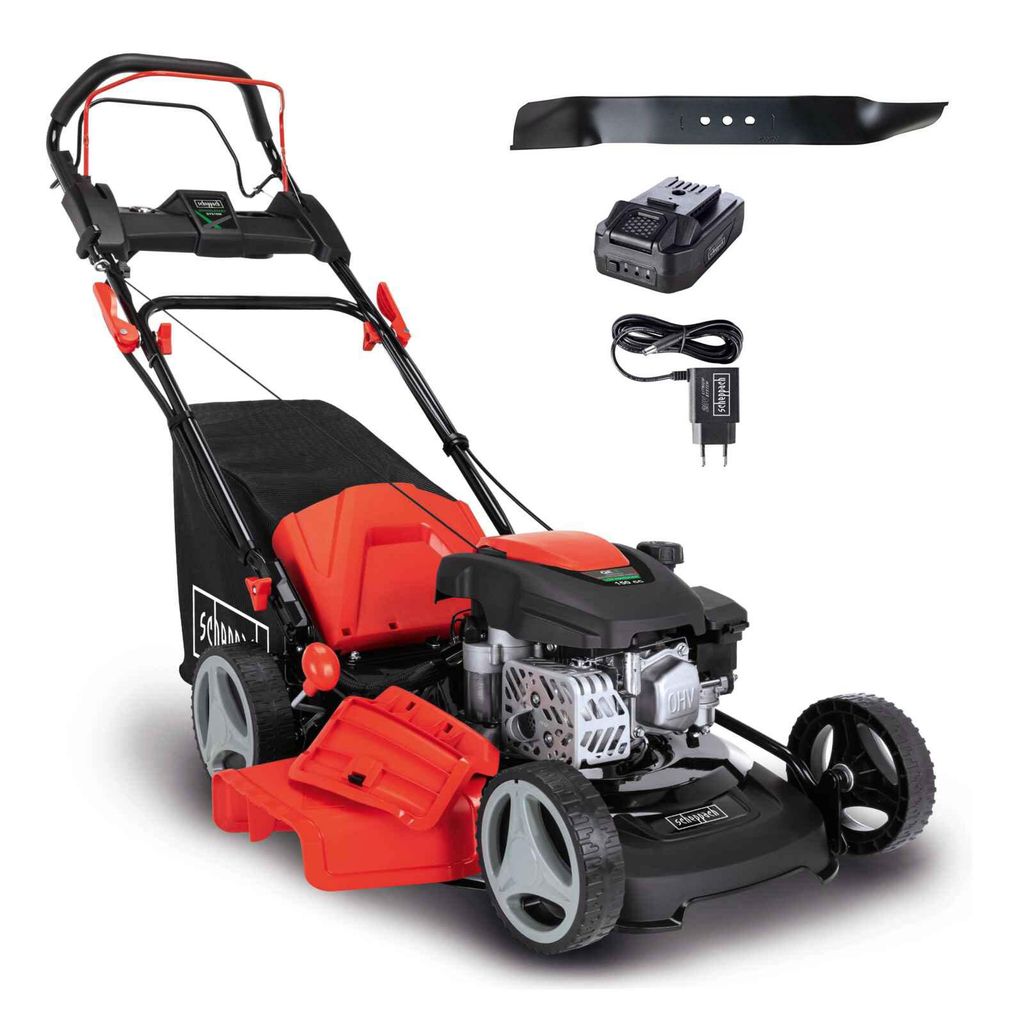 Scheppach Benzin-Rasenmäher MS150-46E - 3,7PS | 46cm | 55L | Antrieb | E-Start | inkl. 2Ah Akku + 2,4A Ladegerät + Ersatzmesser