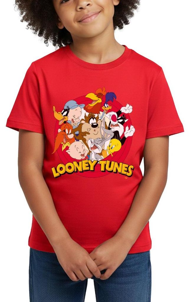 Spreadshirt Looney Tunes Bugs Bunny Logo Gruppenbild Kinder T-Shirt, 122/128 (7-8 Jahre), Rot