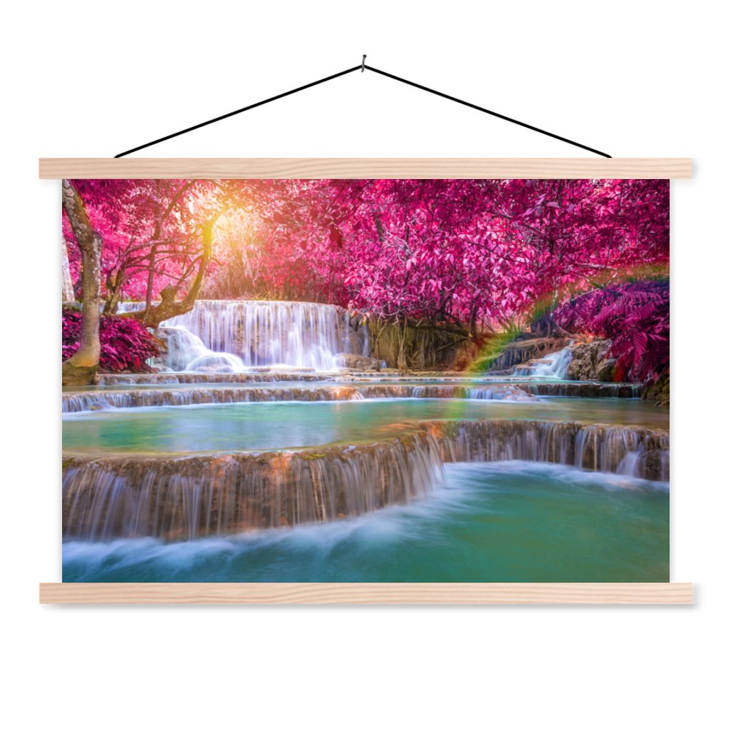 MuchoWow Textilposter Wasserfall - Regenbogen - Bäume - Rosa - Natur 120x80 cm mit holzfarbenen Rahmen - Aufhängeset