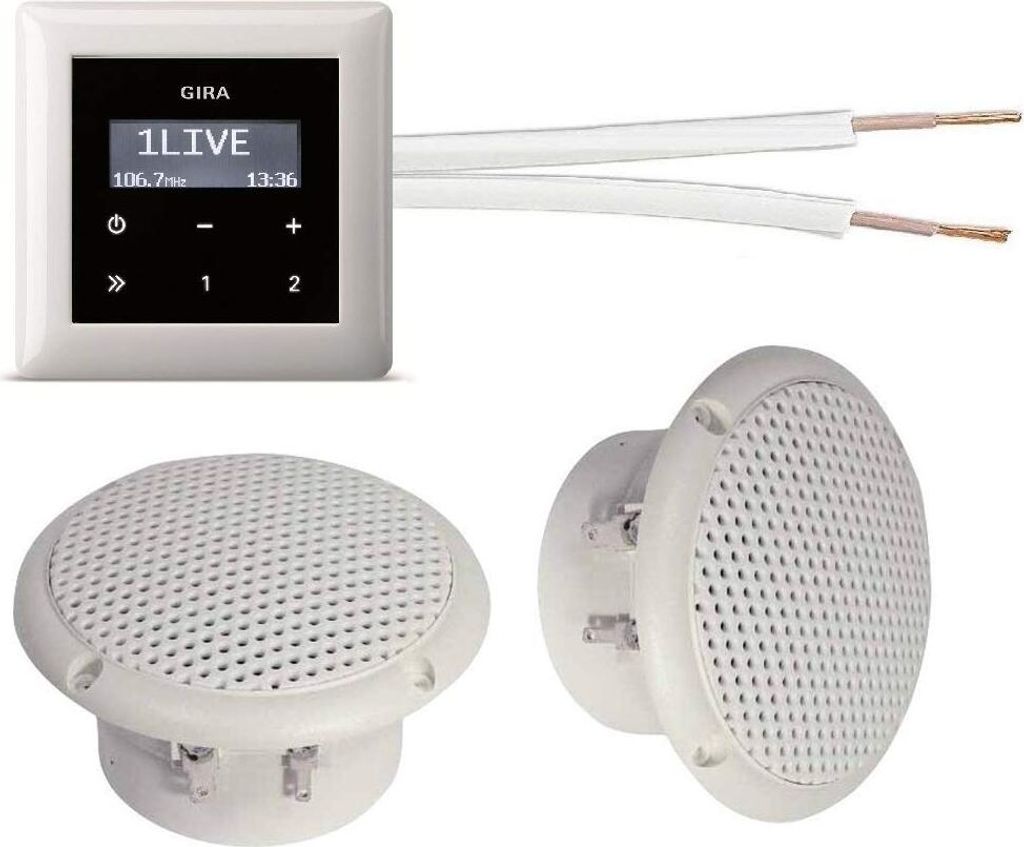 Gira Unterputz Radio Unterputzradio 228405 Schwarzglasoptik (schwarz glänzend) Komplett-Set + 2 x Deckenlautsprecher weiß (Feuchtraum/Badezimmer)...