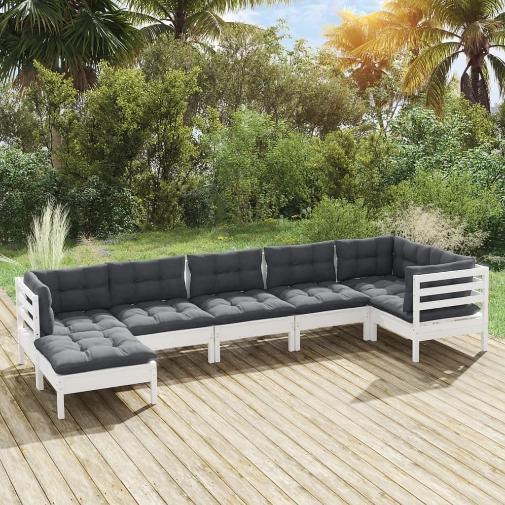 Ankonbej 7-tlg. Garten-Lounge-Set mit Kissen Weiß Kiefer Massivholz