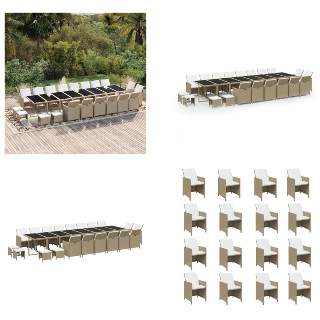 vidaXL 21 tlg. Garten Essgruppe mit Kissen Poly Rattan Beige - Garten Essgruppe - Garten Essgruppen - Outdoor Essgruppe - Garten-Essgarnitur