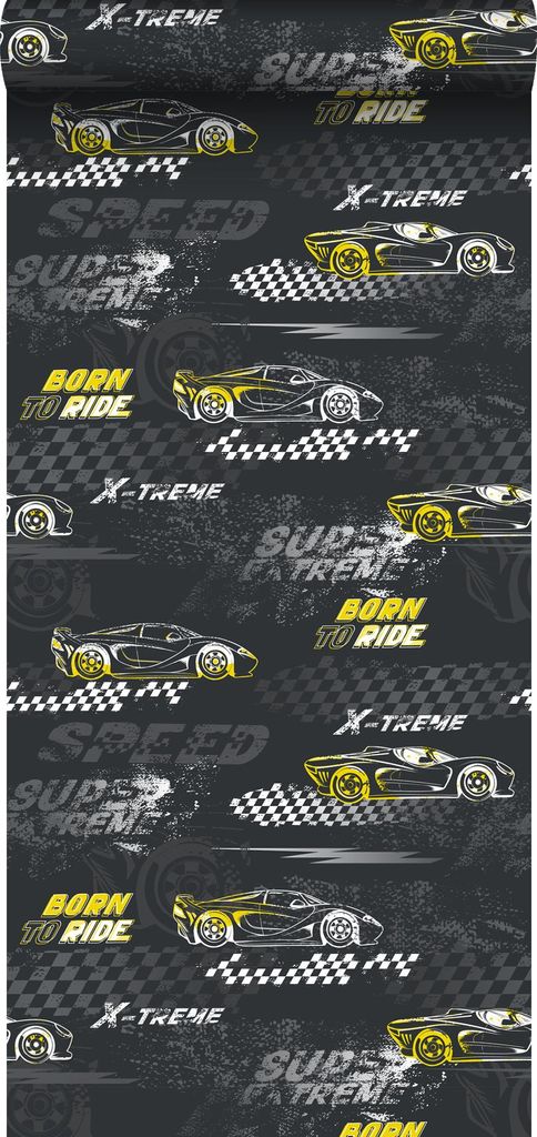 Sanders & Sanders Tapete Rennwagen Gelb und Schwarz-Weiß 50 x 900 cm