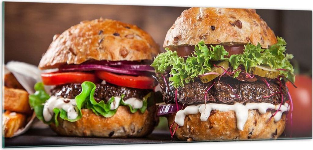 Bilder auf glas - Amerikaner Hamburger Essen Barbecue - 100x40cm - Glasbilder - Wandbilder - Kunstdruck - Wanddekoration aus Glas - Glas Bilder - W...